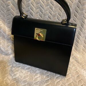 Celine Black Leather Satchel with Gold Accents